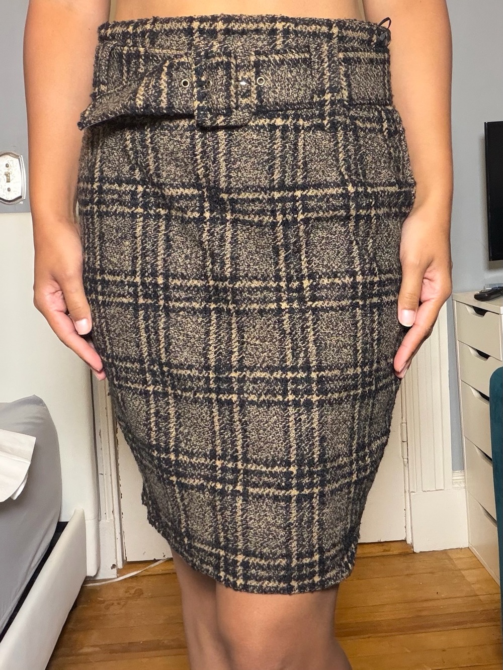Fai Wong Wool vintage High-Waist Plaid Pencil Skirt